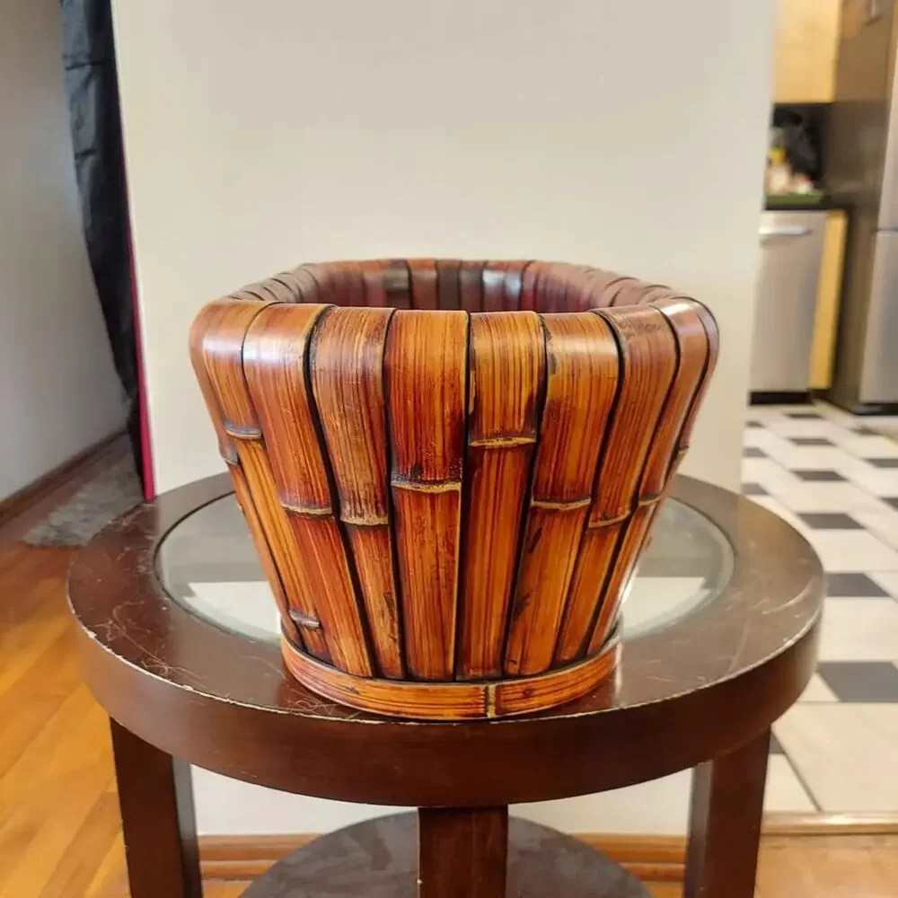 Vintage Mid Century Italian Rattan Bamboo & Wood Planter or Centerpiece Basket